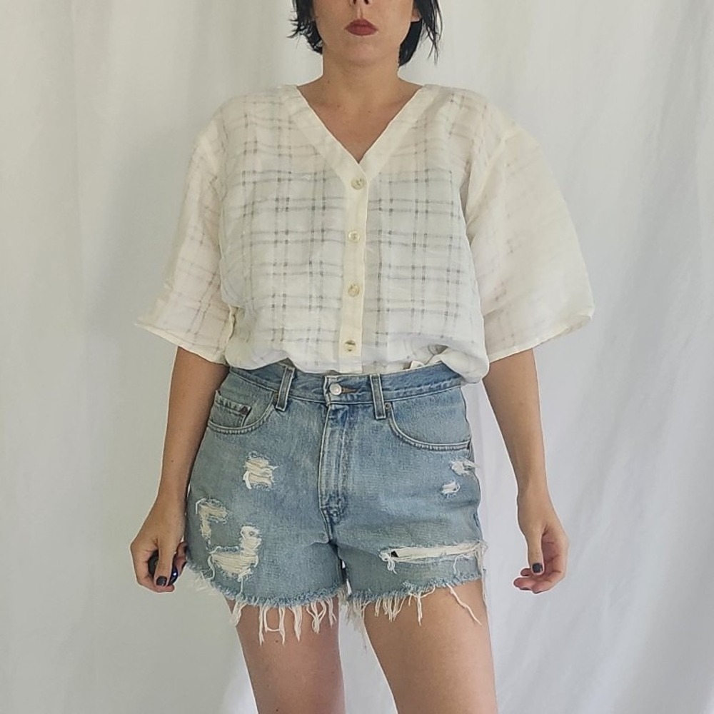 90s Ivory Plaid Oversize Blouse